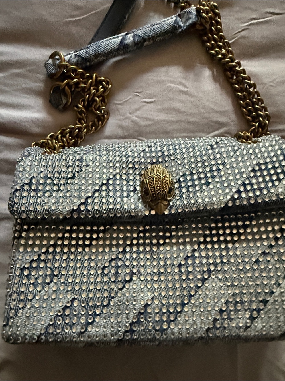 Kurt Geiger Blue Crystal-Embellished Shoulder Bag with Gold Hardware